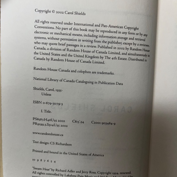 Carol Shields, Unless, 2002, hard cover, excellent condition, novel. - Picture 4 of 4